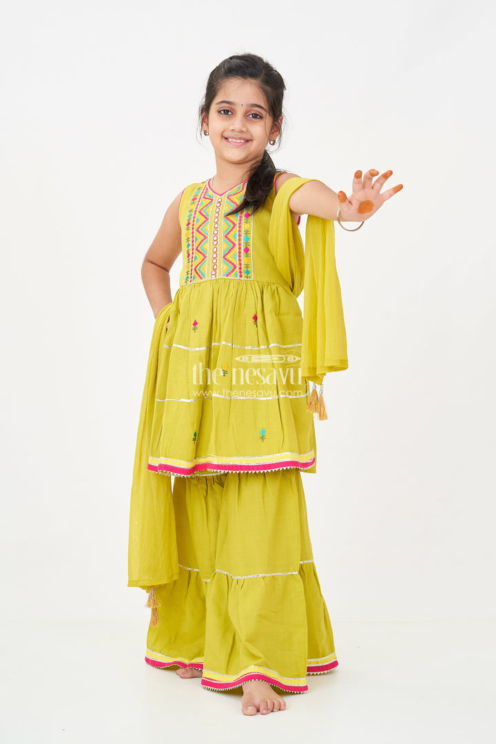 The Nesavu Girls Sharara / Plazo Set Girls Green Sharara Set with Thread Embroidered Sleeveless Kurta and Matching Flared Pants Nesavu Girls Green Sharara Set with Embroidered Kurta and Matching Flared Pants in Soft Cotton | The Nesavu