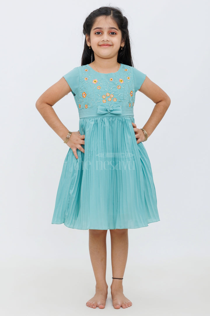 The Nesavu Girls Fancy Frock Girls Green Sleeveless Floral Embroidered Frock with Pleated Skirt Nesavu 16 (1Y) / Teal GFC1411B-16 Nesavu Girls Green Floral Embroidered Frock Pleated Skirt Fabric Flower Accent