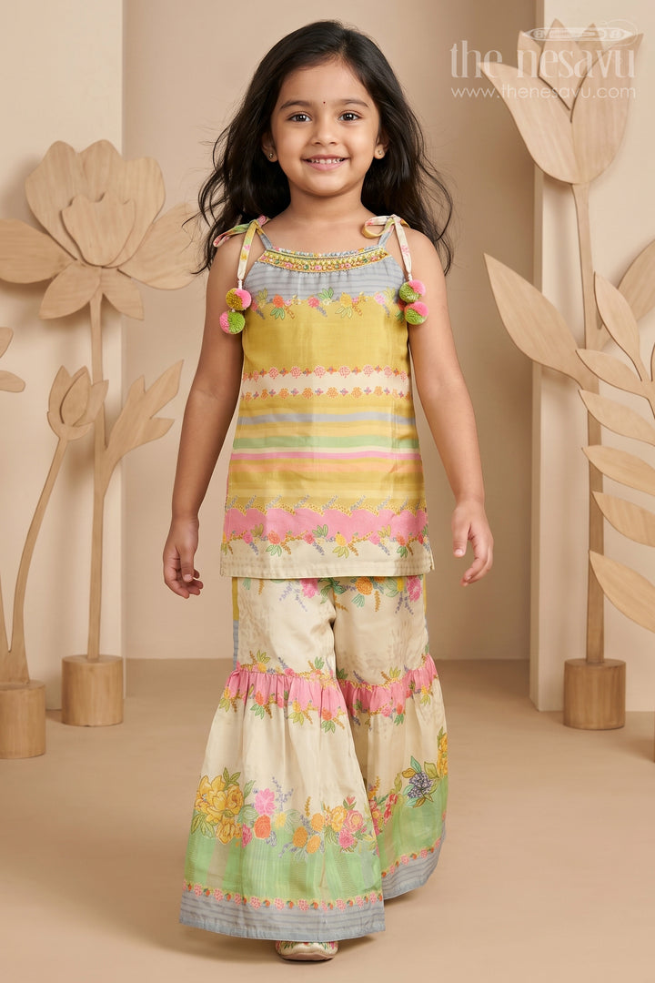 The Nesavu Girls Sharara / Plazo Set Girls Green Striped Sharara Set with Floral Embroidery and Ruffled Pants Nesavu 16 (1Y) / Multicolor GPS426A-16 Nesavu Girls Green Striped Sharara Set Floral Embroidery Ruffled Pants Casual Outings