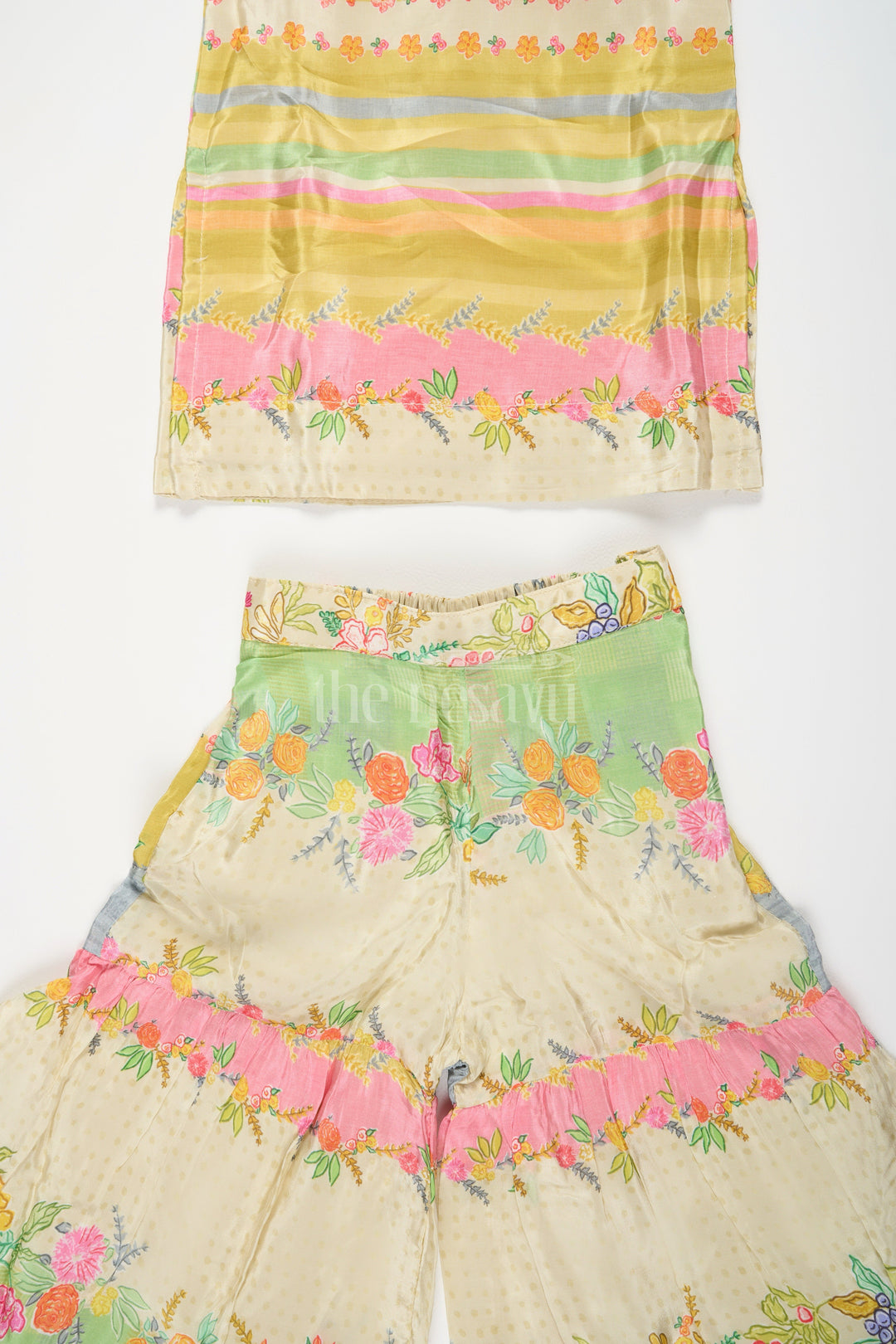 The Nesavu Girls Sharara / Plazo Set Girls Green Striped Sharara Set with Floral Embroidery and Ruffled Pants Nesavu Nesavu Girls Green Striped Sharara Set Floral Embroidery Ruffled Pants Casual Outings