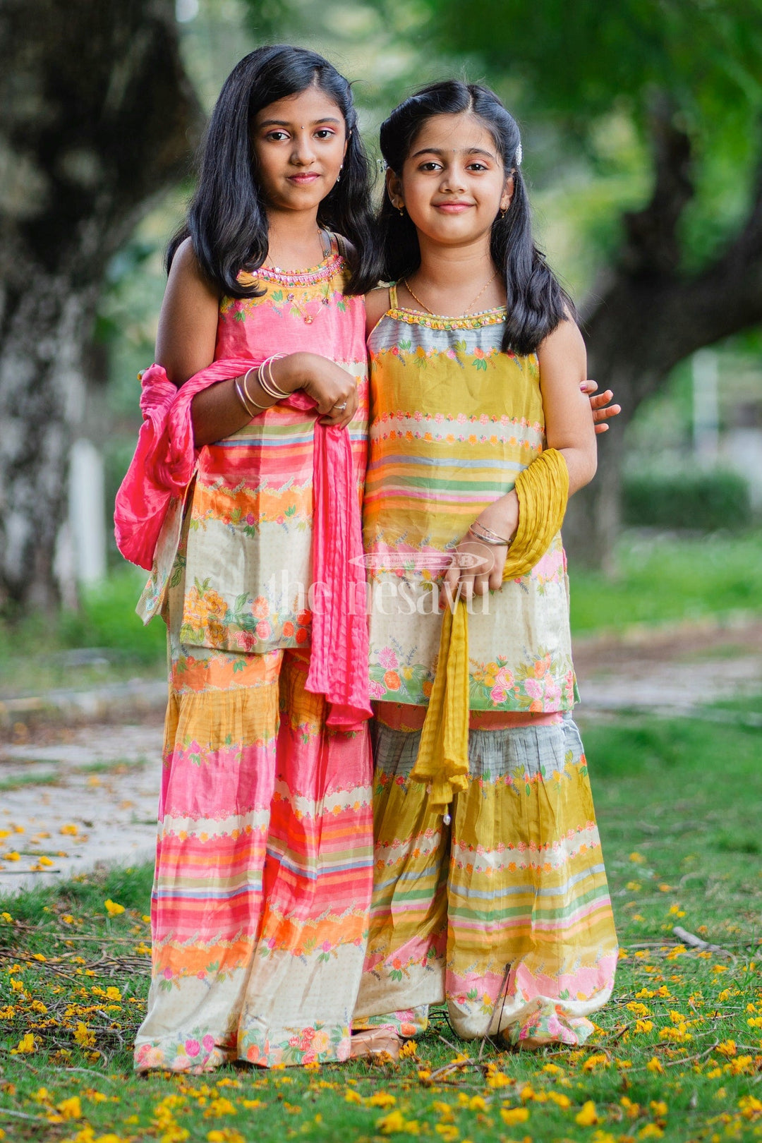 The Nesavu Girls Sharara / Plazo Set Girls Green Striped Sharara Set with Floral Embroidery and Ruffled Pants Nesavu Nesavu Girls Green Striped Sharara Set Floral Embroidery Ruffled Pants Casual Outings