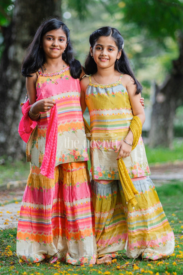 The Nesavu Girls Sharara / Plazo Set Girls Green Striped Sharara Set with Floral Embroidery and Ruffled Pants Nesavu Nesavu Girls Green Striped Sharara Set Floral Embroidery Ruffled Pants Casual Outings