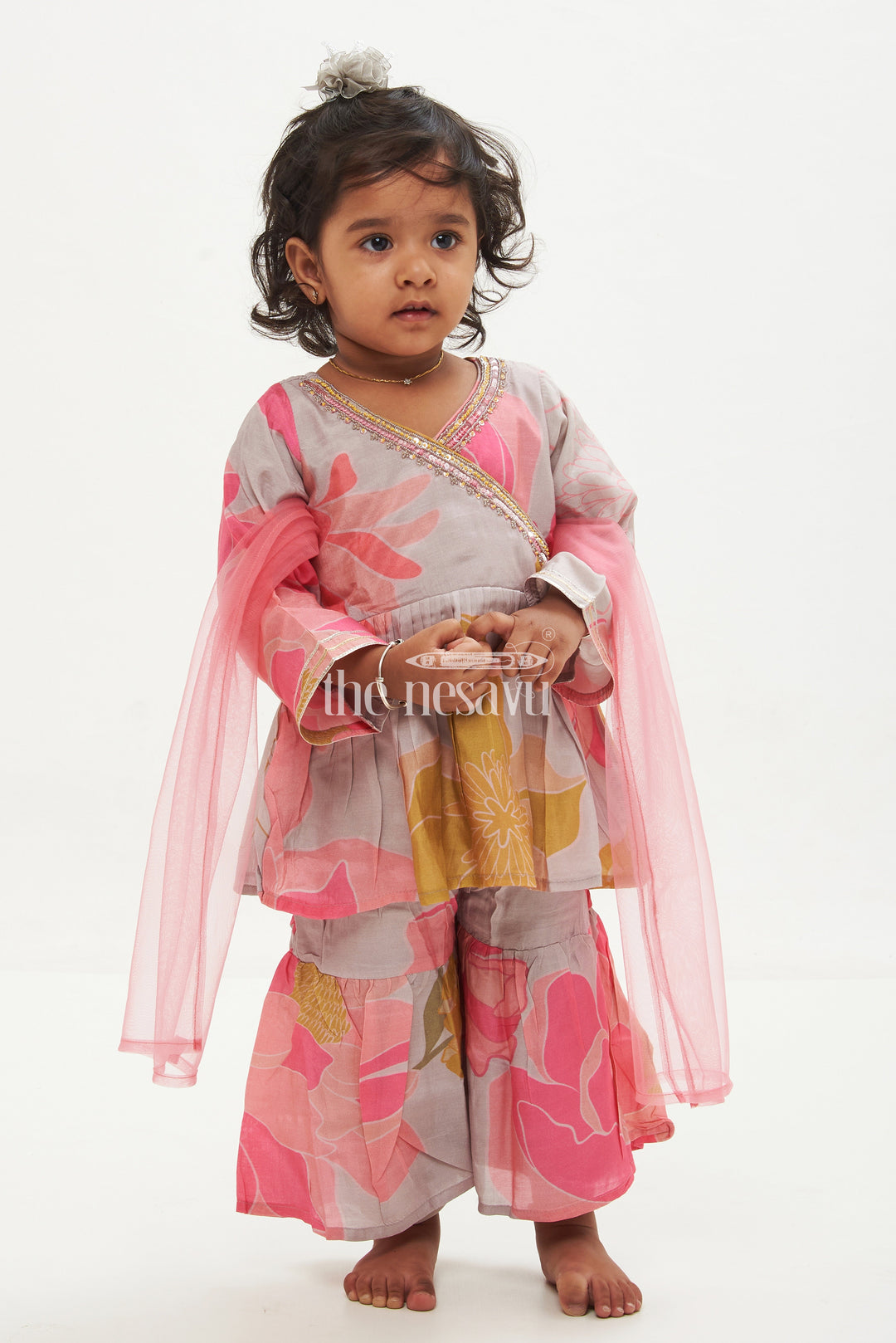 The Nesavu Girls Sharara / Plazo Set Girls' Grey Modal Silk Angrakha Style Sharara Set with Floral Motifs Nesavu 16 (1Y) / Gray GPS363A-16 Girls' Grey Modal Silk Sharara Set with Floral Motifs - Angrakha Style