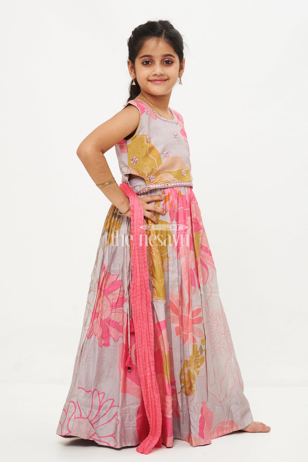 The Nesavu Girls Lehenga Choli Girls' Grey Modal Silk Lehenga Choli with Floral Print and Mirror Embellishments Nesavu Grey Modal Silk Lehenga Choli with Floral Print and Mirror Embellishments for Girls