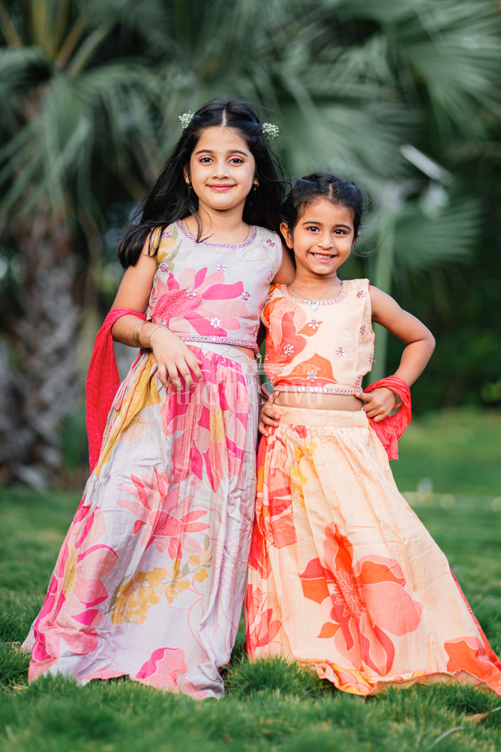 The Nesavu Girls Lehenga Choli Girls' Grey Modal Silk Lehenga Choli with Floral Print and Mirror Embellishments Nesavu Grey Modal Silk Lehenga Choli with Floral Print and Mirror Embellishments for Girls