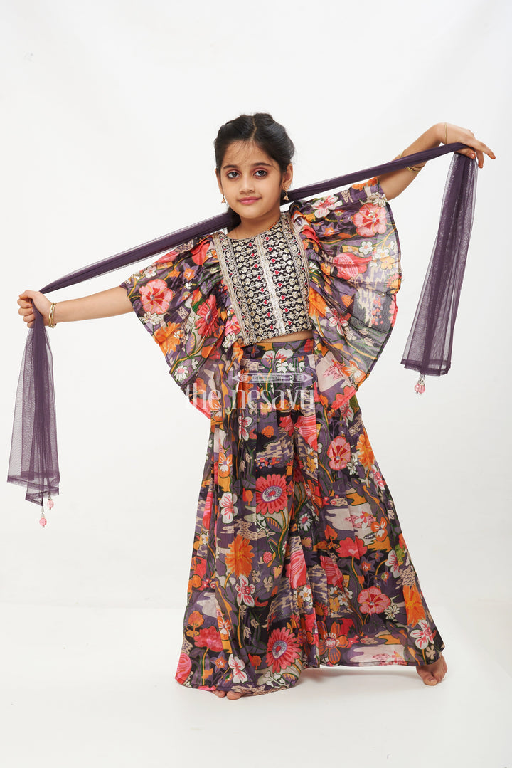 The Nesavu Girls Sharara / Plazo Set Girls' Grey Printed Chinon Silk Sharara Set with Embroidered Crop Top and Ruffle Sleeves Nesavu 24 (5Y) / White GPS368A-24 Girls' Grey Floral Chinon Silk Sharara Set with Embroidered Crop Top - Festive Wear