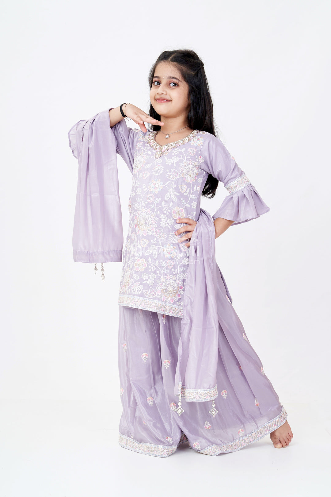 The Nesavu Girls Sharara / Plazo Set Girls Grey Sharara Set with Embroidered Kurta and Bell Sleeve Detailing Nesavu 24 (5Y) / Purple GPS520A-24 Girls Embroidered Grey Sharara Set Floral Threadwork Elegant Dupatta | The Nesavu