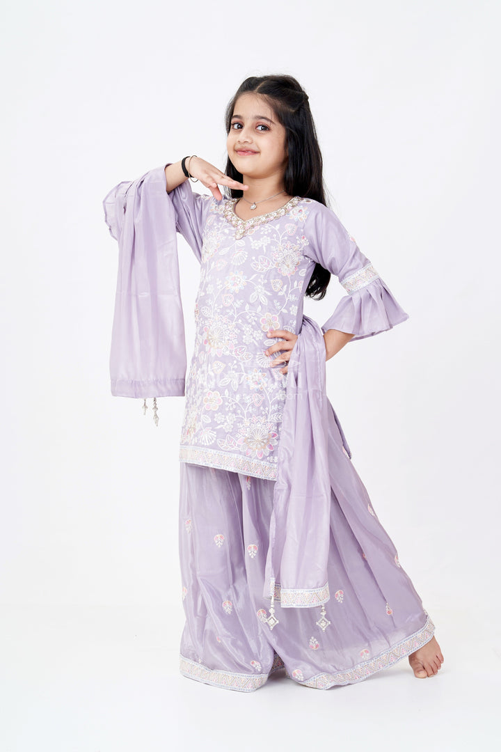 The Nesavu Girls Sharara / Plazo Set Girls Grey Sharara Set with Embroidered Kurta and Bell Sleeve Detailing Nesavu 24 (5Y) / Purple GPS520A-24 Girls Embroidered Grey Sharara Set Floral Threadwork Elegant Dupatta | The Nesavu