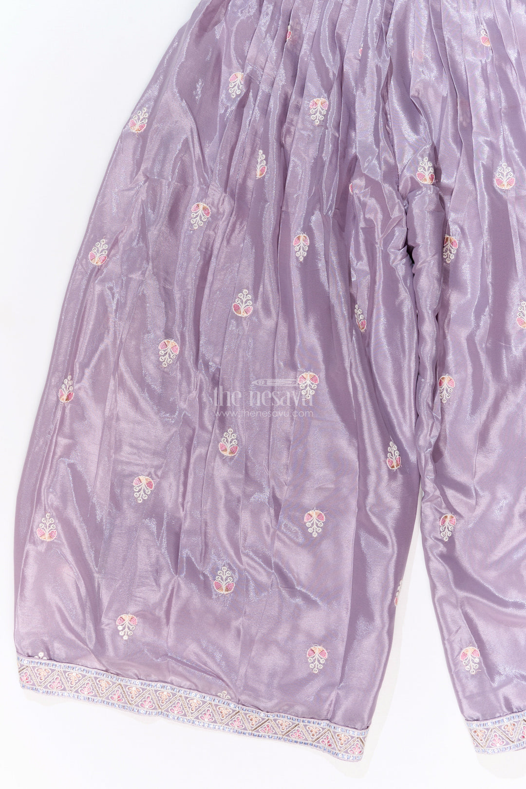 The Nesavu Girls Sharara / Plazo Set Girls Grey Sharara Set with Embroidered Kurta and Bell Sleeve Detailing Nesavu Girls Embroidered Grey Sharara Set Floral Threadwork Elegant Dupatta | The Nesavu