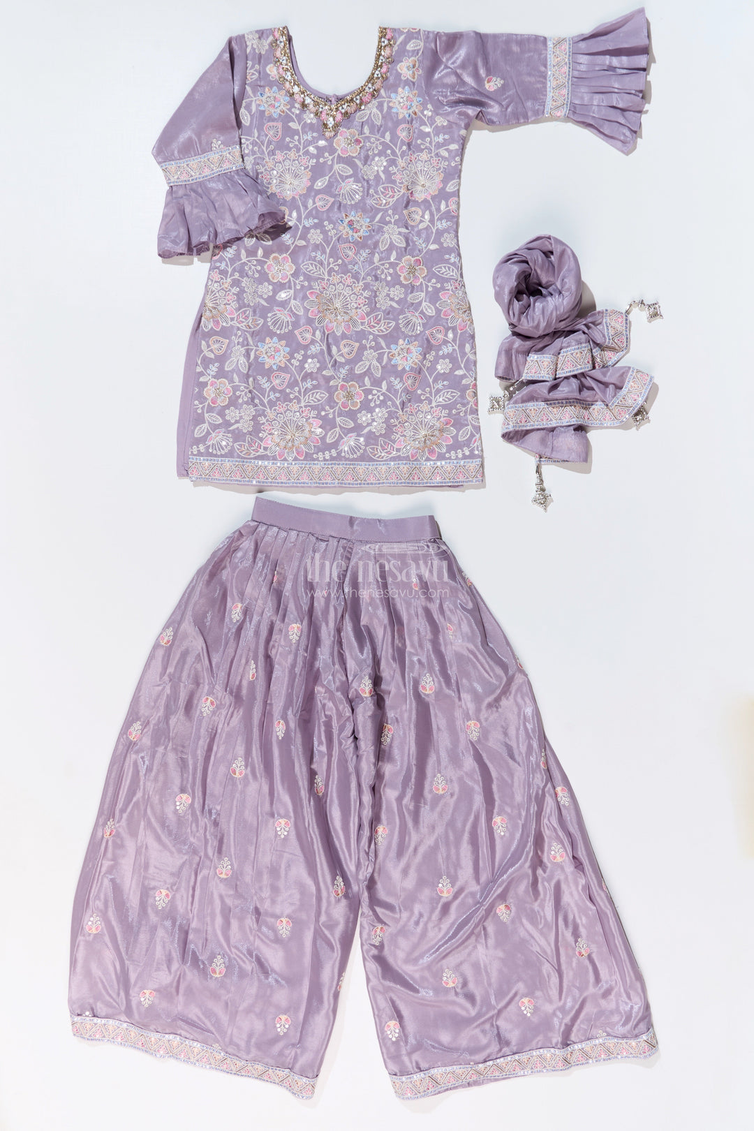 The Nesavu Girls Sharara / Plazo Set Girls Grey Sharara Set with Embroidered Kurta and Bell Sleeve Detailing Nesavu Girls Embroidered Grey Sharara Set Floral Threadwork Elegant Dupatta | The Nesavu