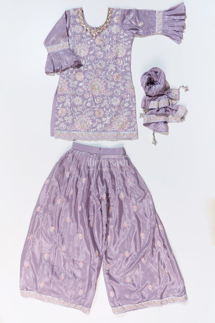 The Nesavu Girls Sharara / Plazo Set Girls Grey Sharara Set with Embroidered Kurta and Bell Sleeve Detailing Nesavu Girls Embroidered Grey Sharara Set Floral Threadwork Elegant Dupatta | The Nesavu