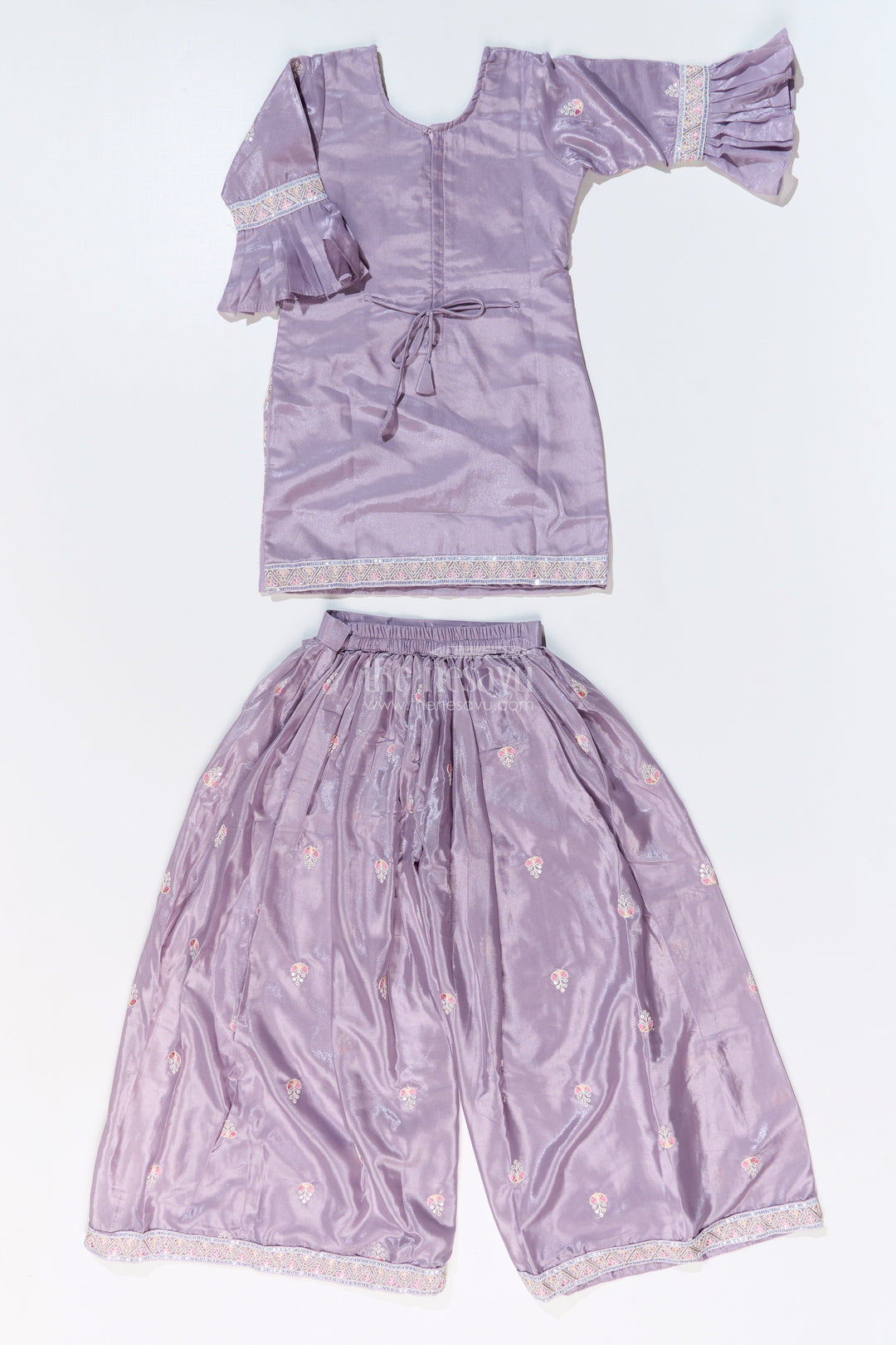 The Nesavu Girls Sharara / Plazo Set Girls Grey Sharara Set with Embroidered Kurta and Bell Sleeve Detailing Nesavu Girls Embroidered Grey Sharara Set Floral Threadwork Elegant Dupatta | The Nesavu