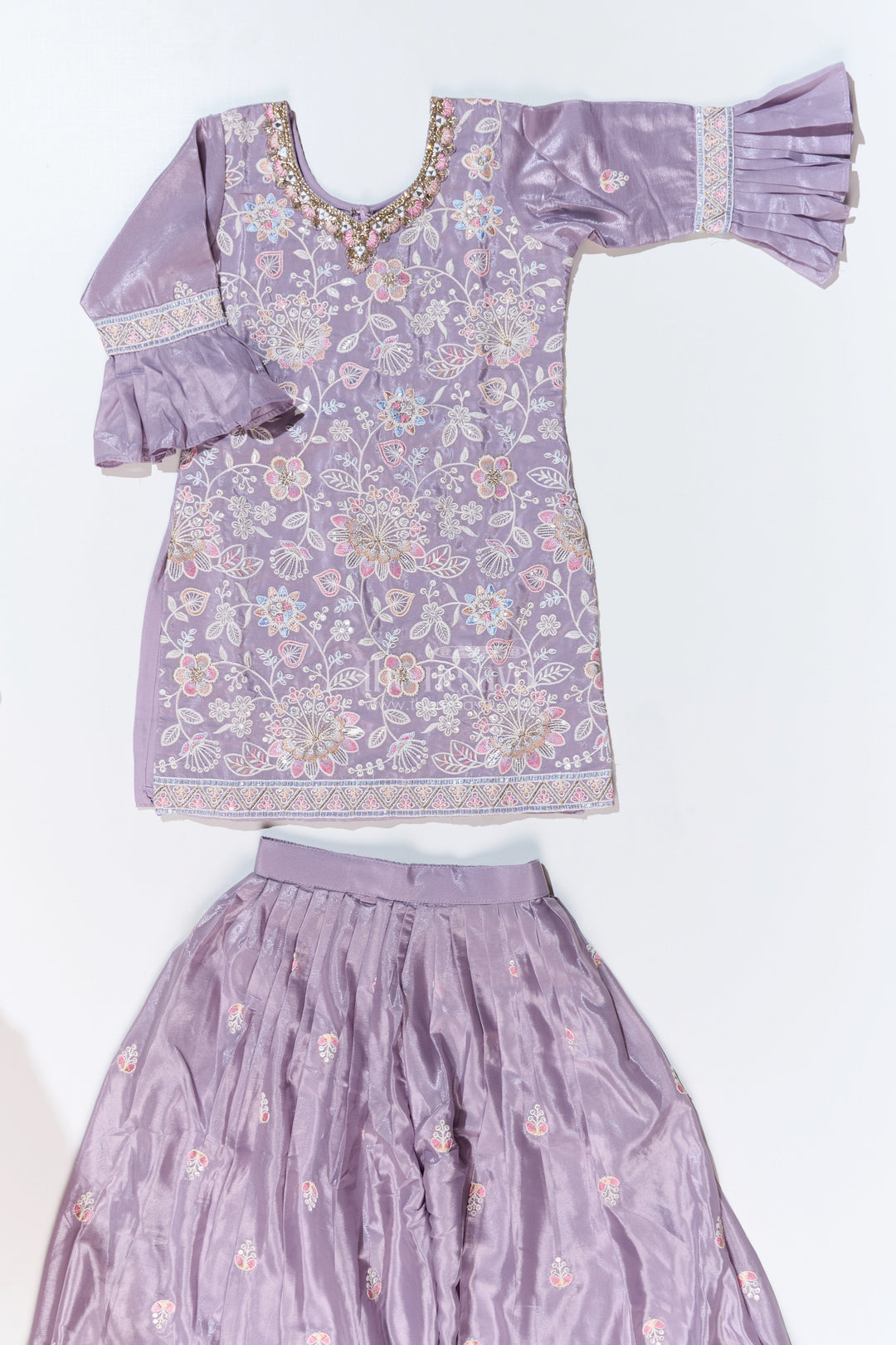 The Nesavu Girls Sharara / Plazo Set Girls Grey Sharara Set with Embroidered Kurta and Bell Sleeve Detailing Nesavu Girls Embroidered Grey Sharara Set Floral Threadwork Elegant Dupatta | The Nesavu