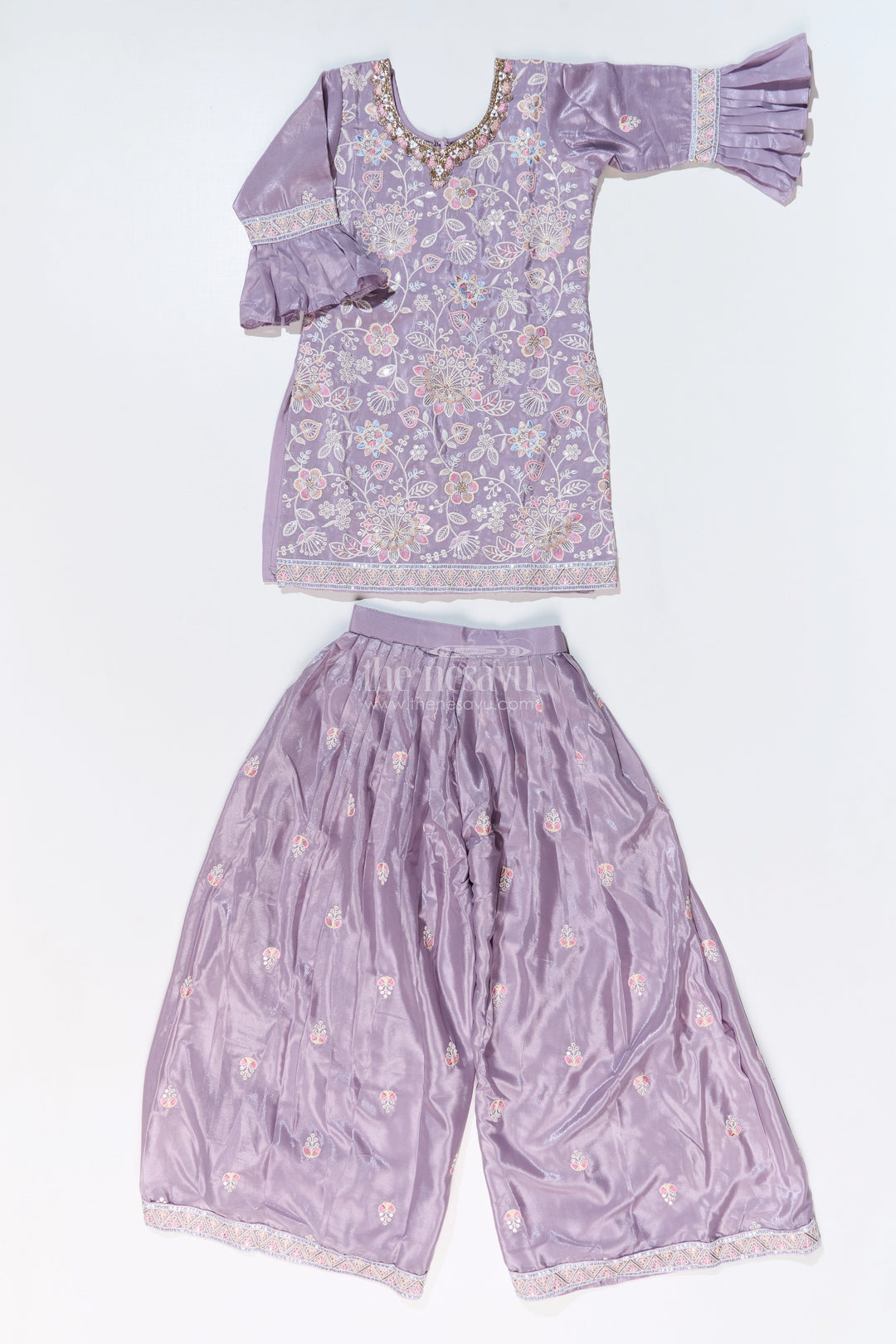 The Nesavu Girls Sharara / Plazo Set Girls Grey Sharara Set with Embroidered Kurta and Bell Sleeve Detailing Nesavu Girls Embroidered Grey Sharara Set Floral Threadwork Elegant Dupatta | The Nesavu