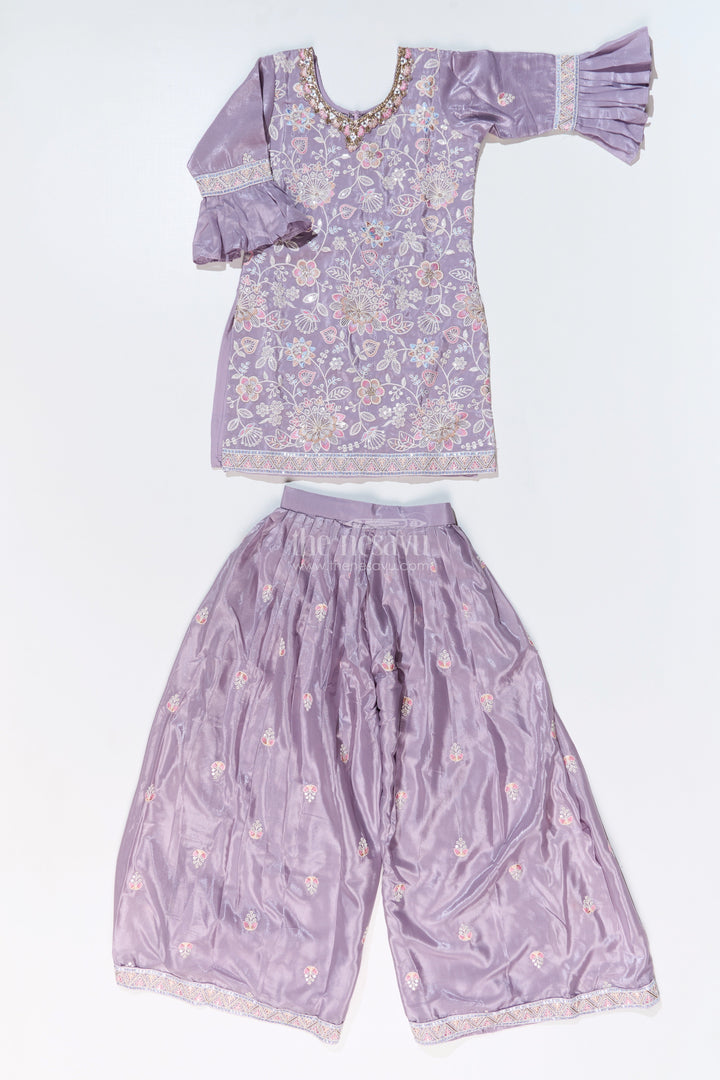 The Nesavu Girls Sharara / Plazo Set Girls Grey Sharara Set with Embroidered Kurta and Bell Sleeve Detailing Nesavu Girls Embroidered Grey Sharara Set Floral Threadwork Elegant Dupatta | The Nesavu