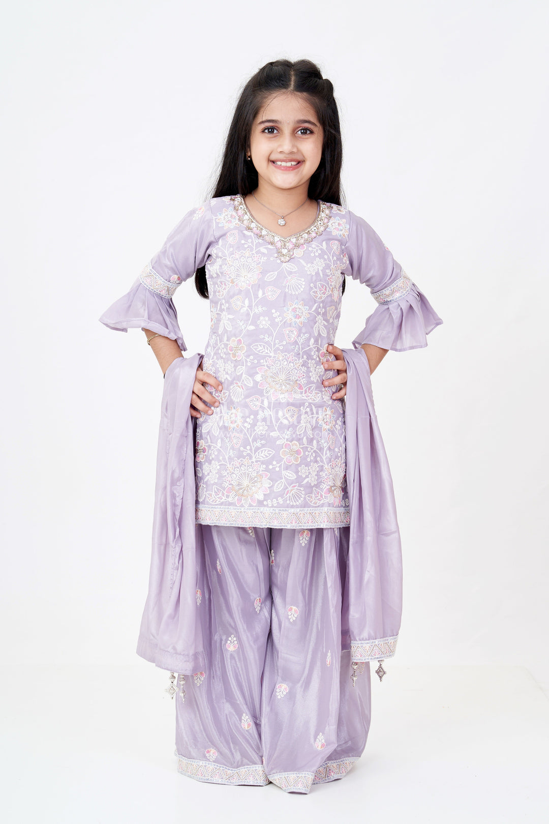The Nesavu Girls Sharara / Plazo Set Girls Grey Sharara Set with Embroidered Kurta and Bell Sleeve Detailing Nesavu Girls Embroidered Grey Sharara Set Floral Threadwork Elegant Dupatta | The Nesavu