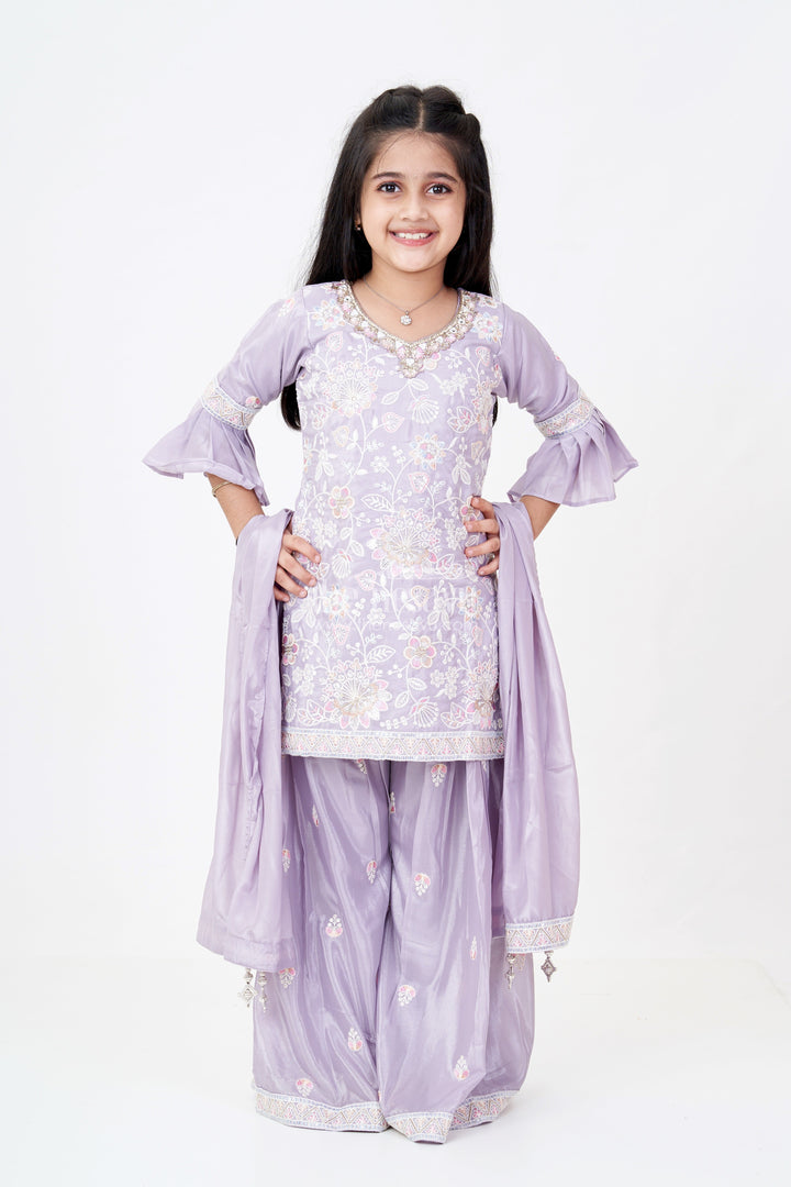 The Nesavu Girls Sharara / Plazo Set Girls Grey Sharara Set with Embroidered Kurta and Bell Sleeve Detailing Nesavu Girls Embroidered Grey Sharara Set Floral Threadwork Elegant Dupatta | The Nesavu