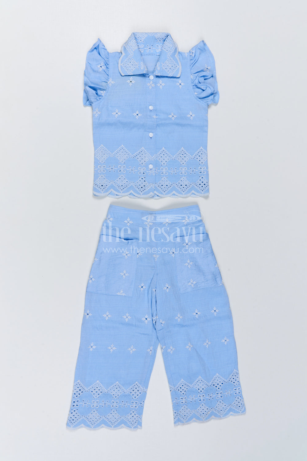 The Nesavu Girls Co-Ord Sets Girls Hakoba Co Ord Set for Birthday Brunch Outings Nesavu 22 (4Y) / Blue / Hakoba GCS065A-22 Nesavu Girls Hakoba Co Ord Set With Embroidered Wide Leg Pants For Birthday Outings