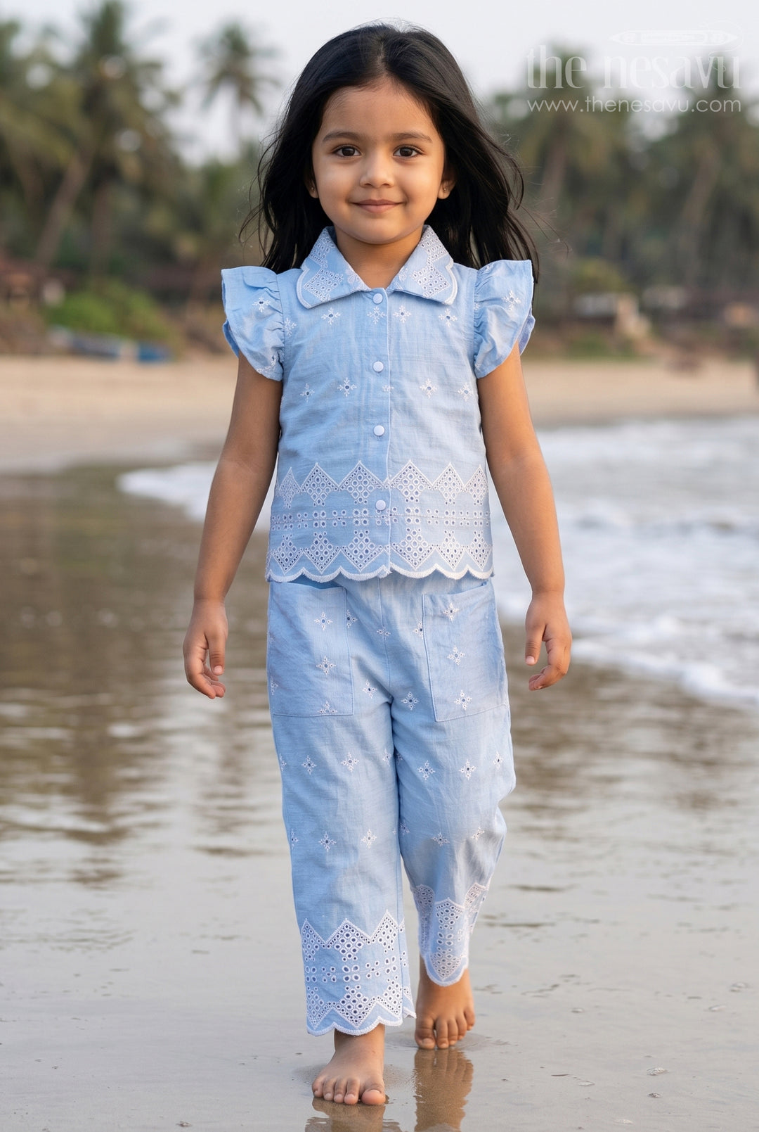 The Nesavu Girls Co-Ord Sets Girls Hakoba Co Ord Set for Birthday Brunch Outings Nesavu 22 (4Y) / Blue / Hakoba GCS065A-22 Nesavu Girls Hakoba Co Ord Set With Embroidered Wide Leg Pants For Birthday Outings