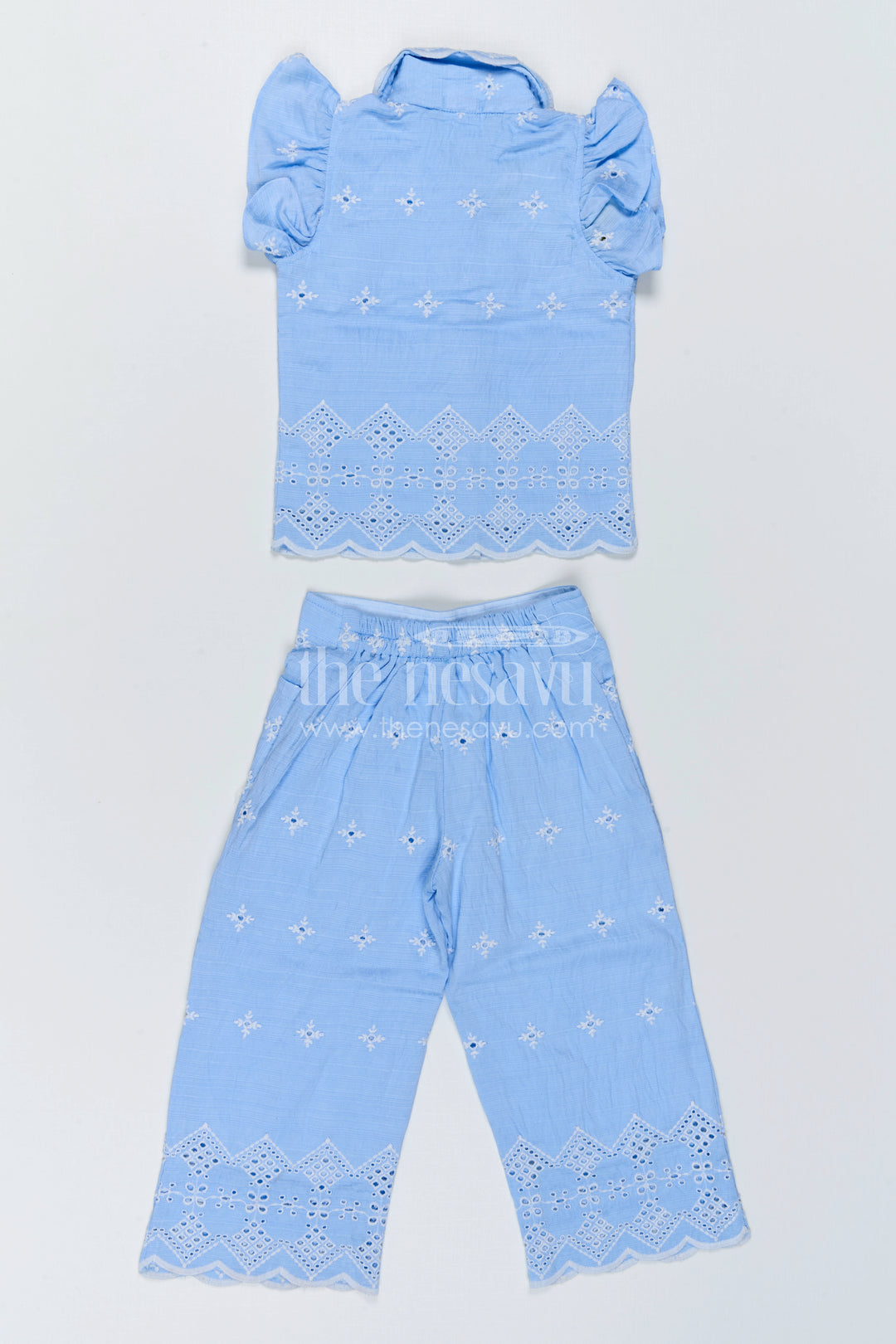 The Nesavu Girls Co-Ord Sets Girls Hakoba Co Ord Set for Birthday Brunch Outings Nesavu Nesavu Girls Hakoba Co Ord Set With Embroidered Wide Leg Pants For Birthday Outings