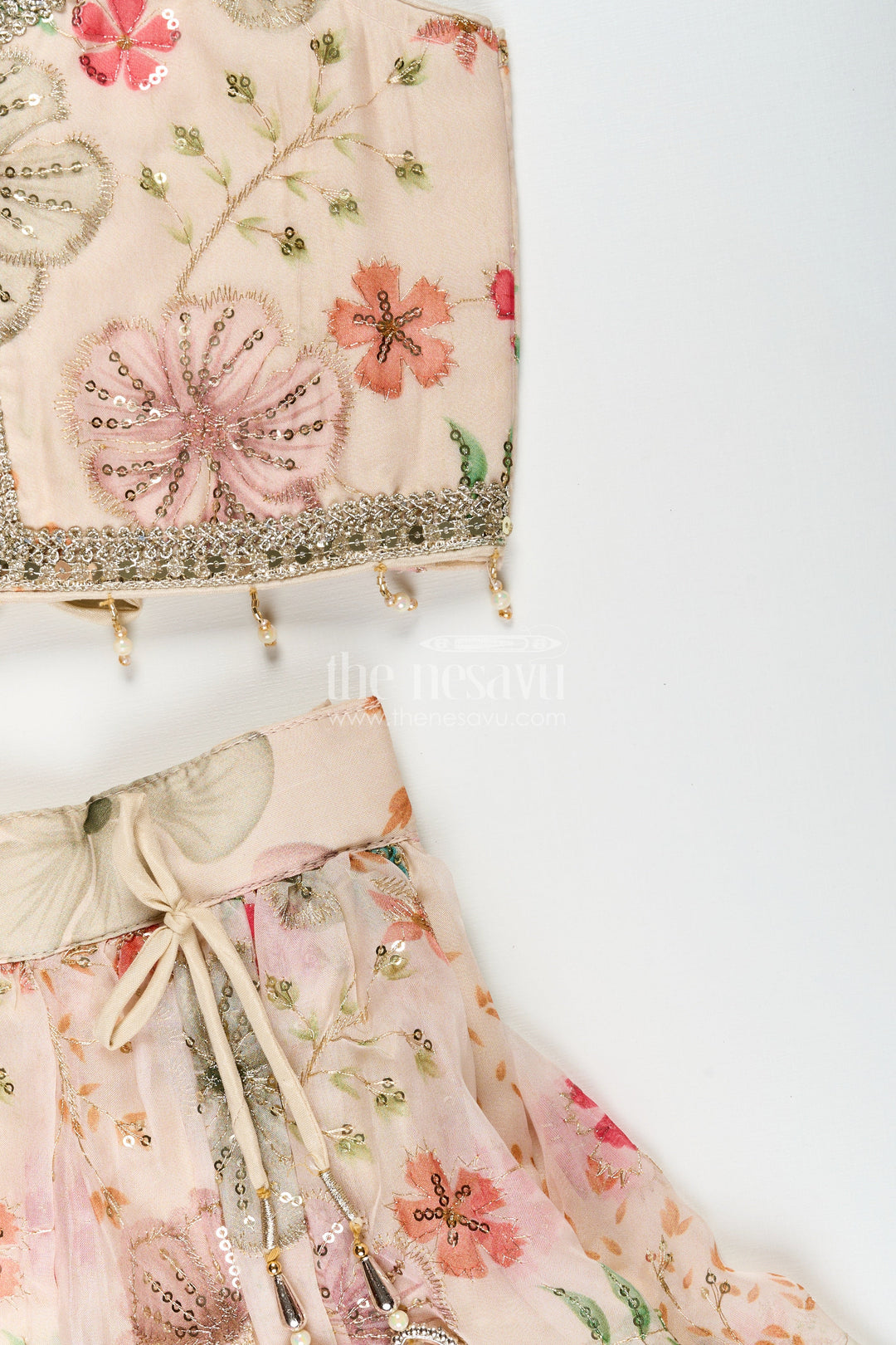 The Nesavu Girls Lehenga Choli Girls half white georgette lehenga choli with sequin embroidery for festive occasions Nesavu Nesavu girls half white georgette lehenga choli floral digital print sequin embroidery