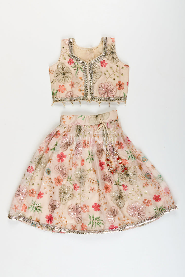 The Nesavu Girls Lehenga Choli Girls half white georgette lehenga choli with sequin embroidery for festive occasions Nesavu Nesavu girls half white georgette lehenga choli floral digital print sequin embroidery