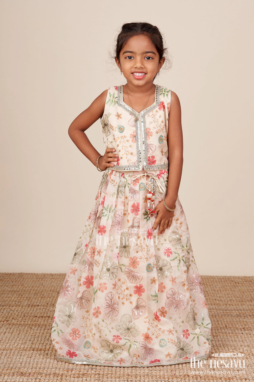 The Nesavu Girls Lehenga Choli Girls Half White Georgette Lehenga Choli with Sequin Embroidery for Festive Occasions Nesavu Nesavu girls half white georgette lehenga choli floral digital print sequin embroidery