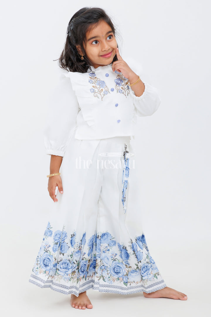 The Nesavu Girls Sharara / Plazo Set Girls Half White Sharara Set with Blue Floral Embroidery and Ruffled Top Nesavu 24 (5Y) / Half white GPS405A-24 Nesavu Girls Half White Sharara Set Blue Floral Embroidery Ruffled Top Celebrations