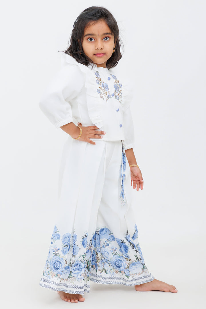 The Nesavu Girls Sharara / Plazo Set Girls Half White Sharara Set with Blue Floral Embroidery and Ruffled Top Nesavu Nesavu Girls Half White Sharara Set Blue Floral Embroidery Ruffled Top Celebrations