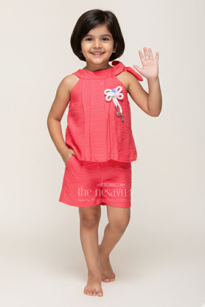 The Nesavu Girls Casual Set Girls Halter Neck Shorts Set for Playdates and Holidays Nesavu 18 (2Y) / Pink BFJ862B-18 Nesavu halter neck girls casual set floral detail  perfect holidays everyday wear