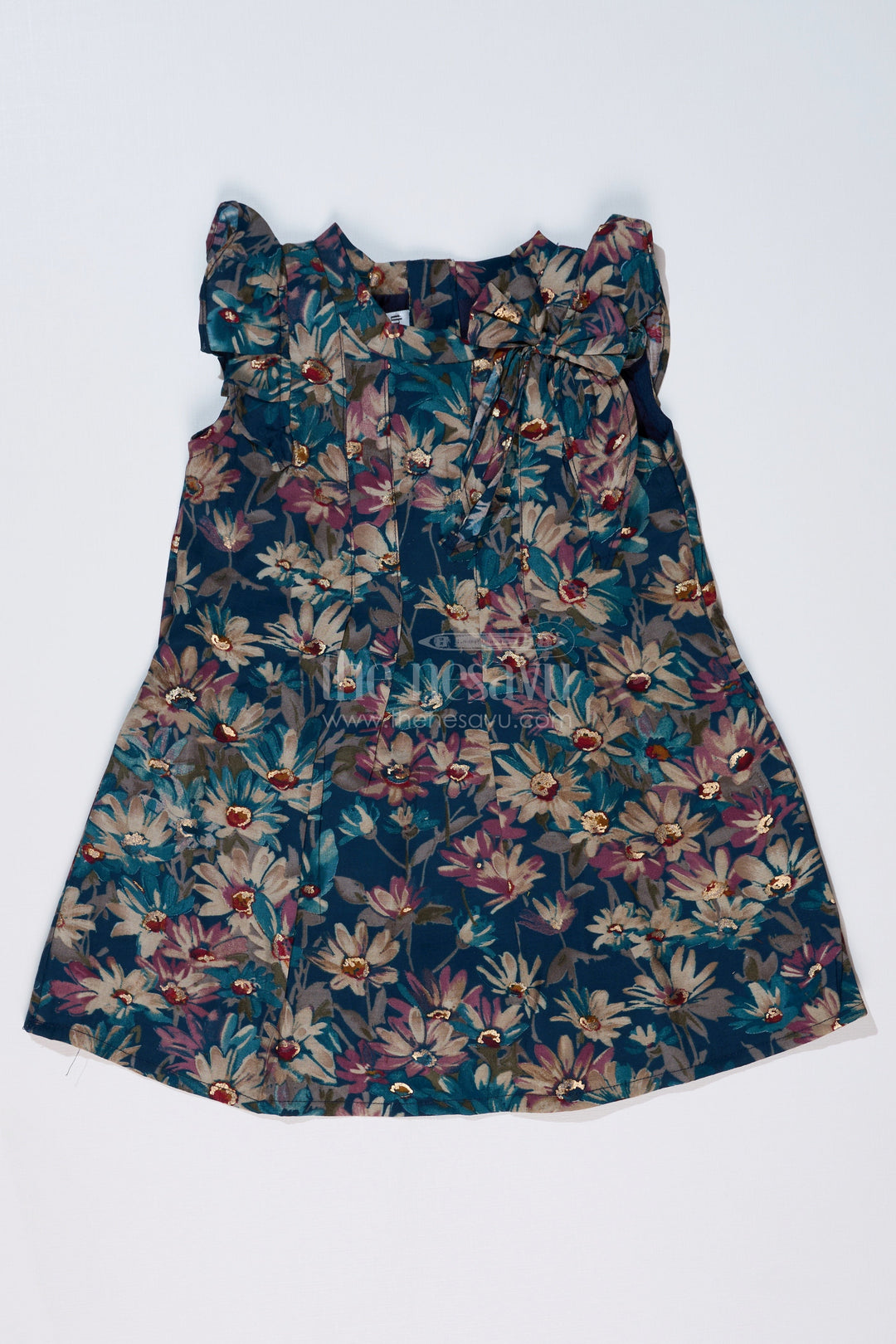 The Nesavu Girls Cotton Frock Girls Hot Frock in Muslin Silk with Floral Print and Elegant Shoulder Bow Nesavu 16 (1Y) / Blue GFC1604B-16 Girls Hot Frock Muslin Silk Floral Print Elegant Shoulder Bow | The Nesavu