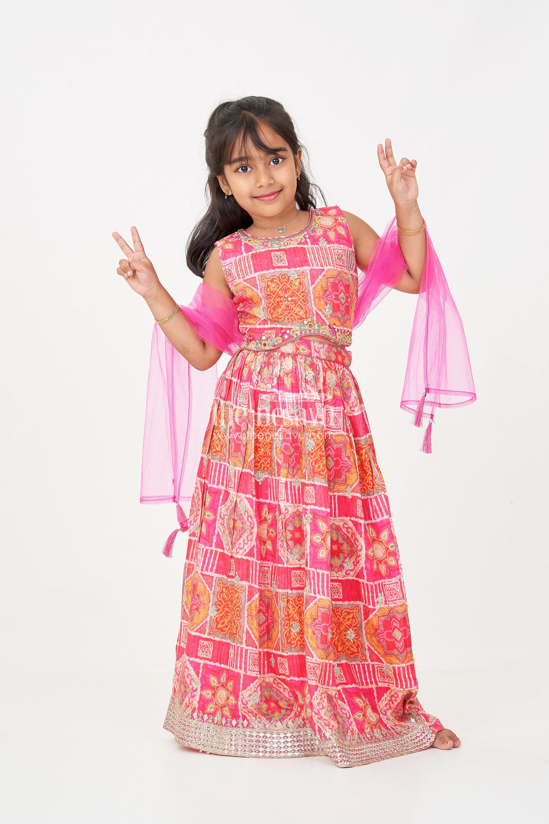 The Nesavu Girls Lehenga Choli Girls Hot Pink Lehenga in Chinon Silk with Abstract Digital Print and Embellished Choli Nesavu 18 (2Y) / Pink GL636A-18 Girls Hot Pink Lehenga Chinon Silk Digital Print Embellished Blouse | The Nesavu