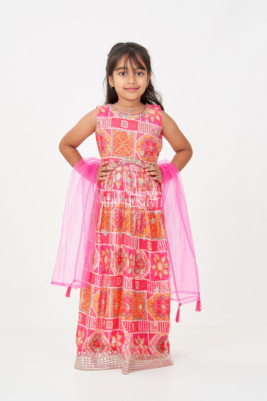 The Nesavu Girls Lehenga Choli Girls Hot Pink Lehenga in Chinon Silk with Abstract Digital Print and Embellished Choli Nesavu Girls Hot Pink Lehenga Chinon Silk Digital Print Embellished Blouse | The Nesavu