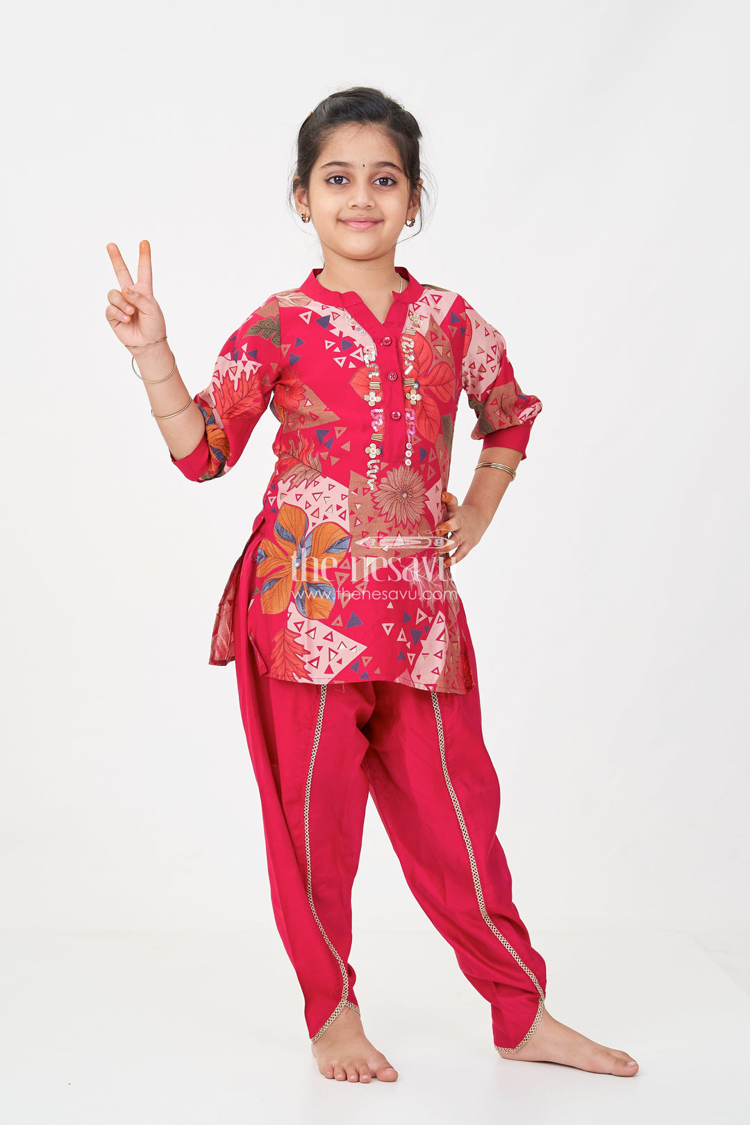 The Nesavu Girls Co-Ord Sets Girls Hot Pink Sharara Set in Floral Modal Silk with Embroidery Accents for Festive Flair Nesavu 24 (5Y) / Pink GPS605A-24 Girls hot pink sharara Set Modal Silk Floral Print Mirror Neck Embroidery | The Nesavu