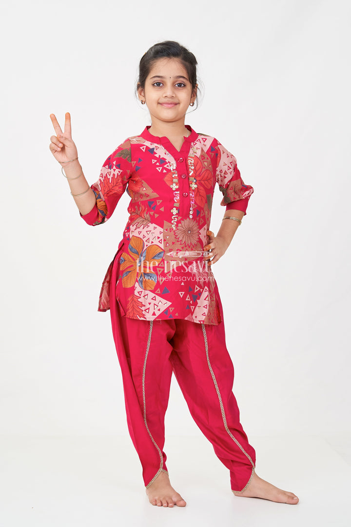 The Nesavu Girls Co-Ord Sets Girls Hot Pink Sharara Set in Floral Modal Silk with Embroidery Accents for Festive Flair Nesavu 24 (5Y) / Pink GPS605A-24 Girls hot pink sharara Set Modal Silk Floral Print Mirror Neck Embroidery | The Nesavu