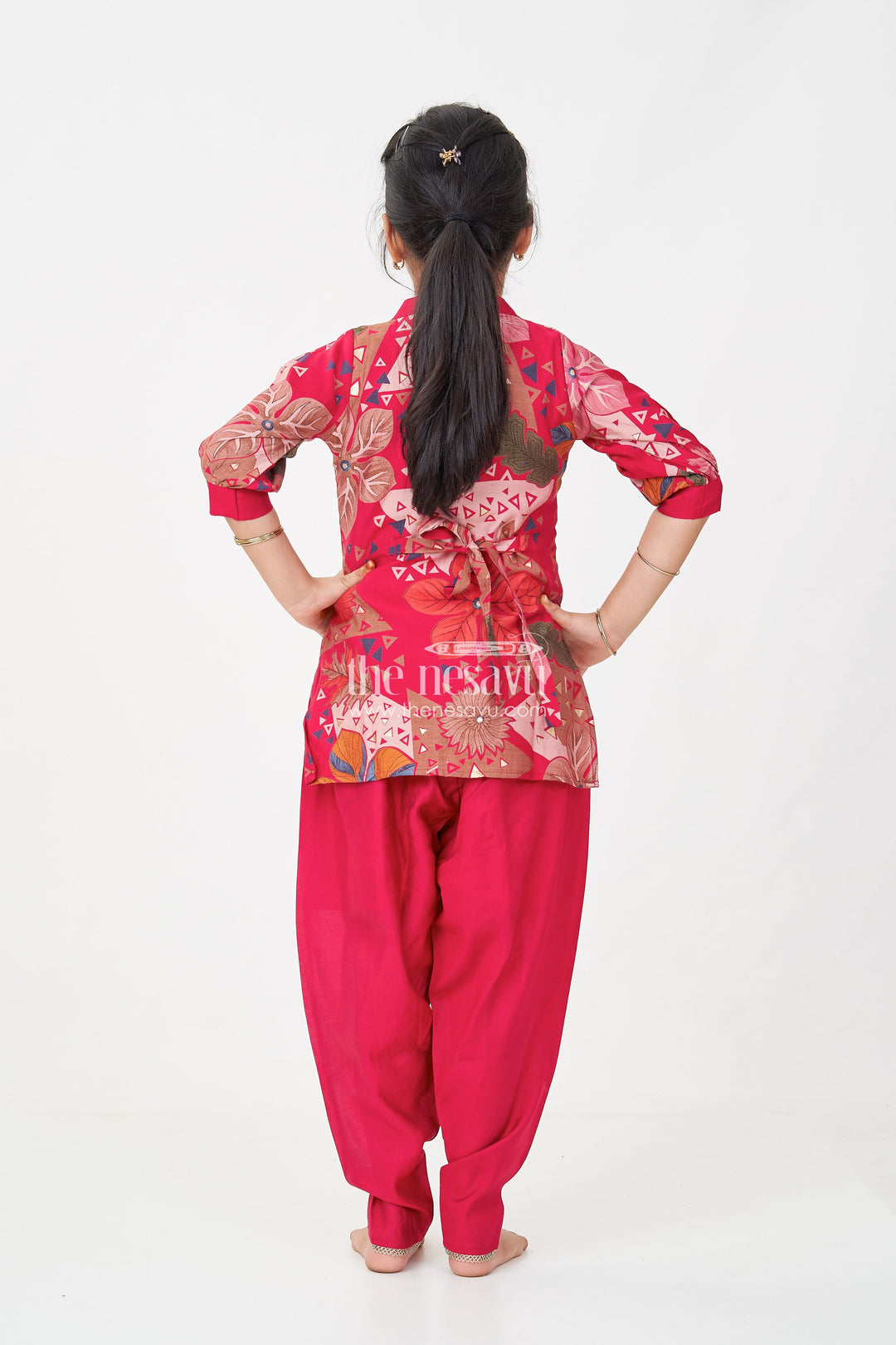 The Nesavu Girls Co-Ord Sets Girls Hot Pink Sharara Set in Floral Modal Silk with Embroidery Accents for Festive Flair Nesavu Girls hot pink sharara Set Modal Silk Floral Print Mirror Neck Embroidery | The Nesavu