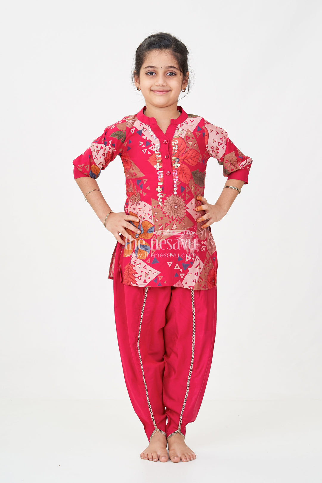 The Nesavu Girls Co-Ord Sets Girls Hot Pink Sharara Set in Floral Modal Silk with Embroidery Accents for Festive Flair Nesavu Girls hot pink sharara Set Modal Silk Floral Print Mirror Neck Embroidery | The Nesavu