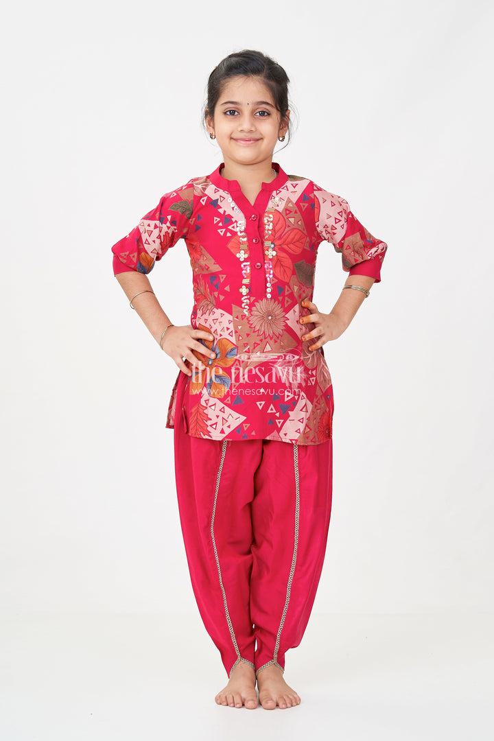 The Nesavu Girls Co-Ord Sets Girls Hot Pink Sharara Set in Floral Modal Silk with Embroidery Accents for Festive Flair Nesavu Girls hot pink sharara Set Modal Silk Floral Print Mirror Neck Embroidery | The Nesavu