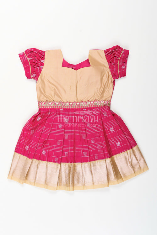The Nesavu Girls Kanchi Silk Frock Girls Indian Frock in Semi Kanchivaram Silk with Thread Embroidery and Lace Embellished Dupatta Nesavu 16 (1Y) / Pink / Style 10 SF837GJ-16 Nesavu Girls Indian Frock in Semi Kanchivaram Silk with Embroidery and Lace Embellished Dupatta