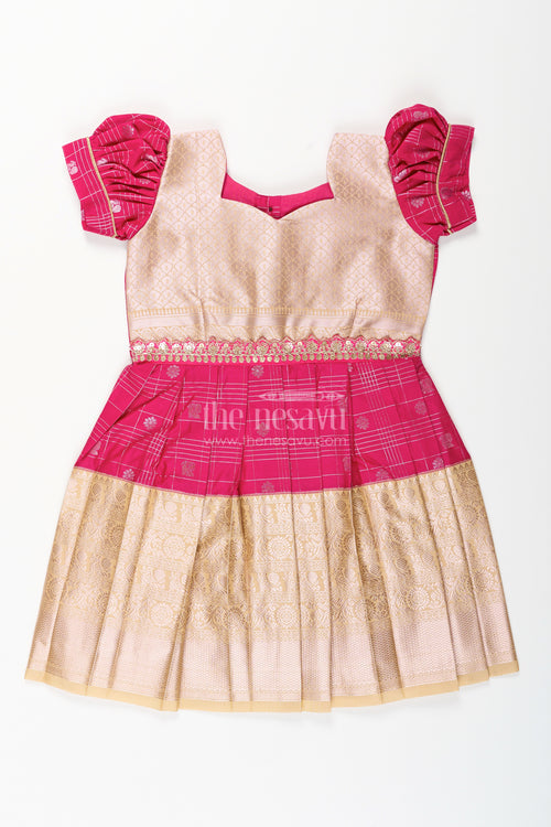 The Nesavu Girls Kanchi Silk Frock Girls Indian Frock in Semi Kanchivaram Silk with Thread Embroidery and Lace Embellished Dupatta Nesavu 16 (1Y) / Pink / Style 7 SF837GG-16 Nesavu Girls Indian Frock in Semi Kanchivaram Silk with Embroidery and Lace Embellished Dupatta