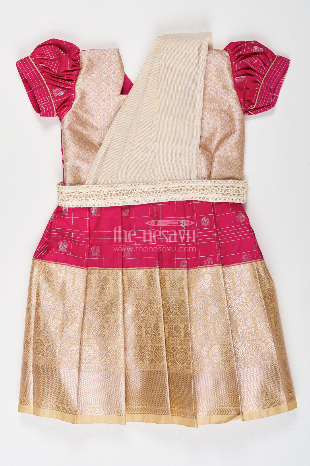 The Nesavu Girls Kanchi Silk Frock Girls Indian Frock in Semi Kanchivaram Silk with Thread Embroidery and Lace Embellished Dupatta Nesavu 18 (2Y) / Pink / Style 1 SF837GA-18 Nesavu Girls Indian Frock in Semi Kanchivaram Silk with Embroidery and Lace Embellished Dupatta