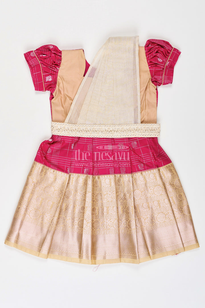 The Nesavu Girls Kanchi Silk Frock Girls Indian Frock in Semi Kanchivaram Silk with Thread Embroidery and Lace Embellished Dupatta Nesavu 18 (2Y) / Pink / Style 3 SF837GC-18 Nesavu Girls Indian Frock in Semi Kanchivaram Silk with Embroidery and Lace Embellished Dupatta