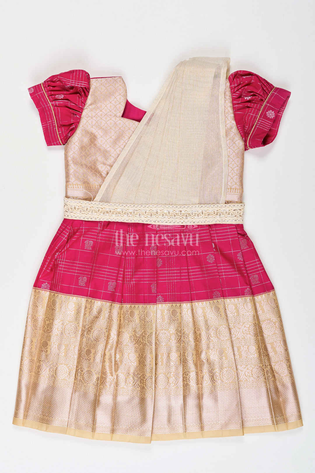 The Nesavu Girls Kanchi Silk Frock Girls Indian Frock in Semi Kanchivaram Silk with Thread Embroidery and Lace Embellished Dupatta Nesavu 20 (3Y) / Pink / Style 2 SF837GB-20 Nesavu Girls Indian Frock in Semi Kanchivaram Silk with Embroidery and Lace Embellished Dupatta