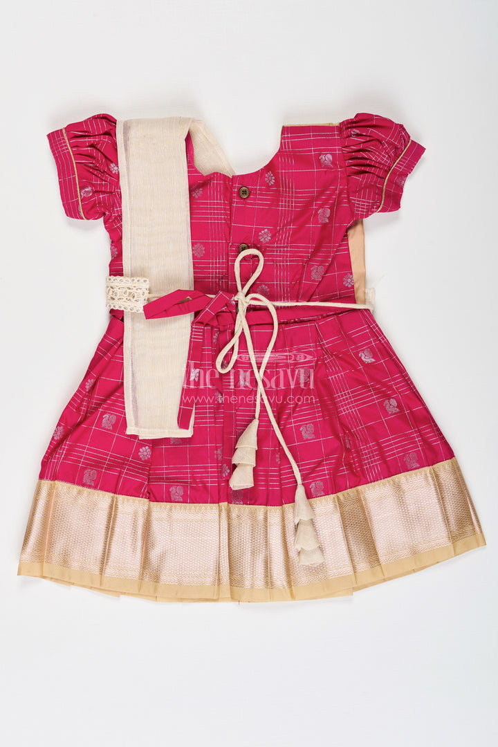 The Nesavu Girls Kanchi Silk Frock Girls Indian Frock in Semi Kanchivaram Silk with Thread Embroidery and Lace Embellished Dupatta Nesavu Nesavu Girls Indian Frock in Semi Kanchivaram Silk with Embroidery and Lace Embellished Dupatta