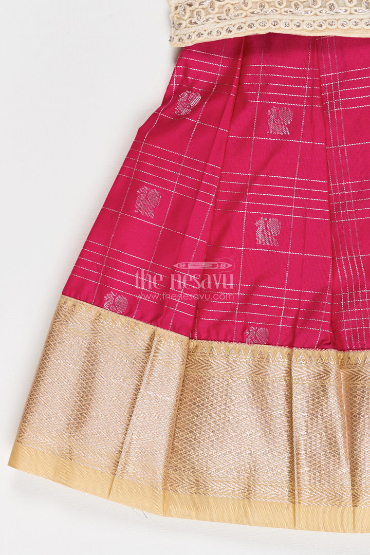 The Nesavu Girls Kanchi Silk Frock Girls Indian Frock in Semi Kanchivaram Silk with Thread Embroidery and Lace Embellished Dupatta Nesavu Nesavu Girls Indian Frock in Semi Kanchivaram Silk with Embroidery and Lace Embellished Dupatta