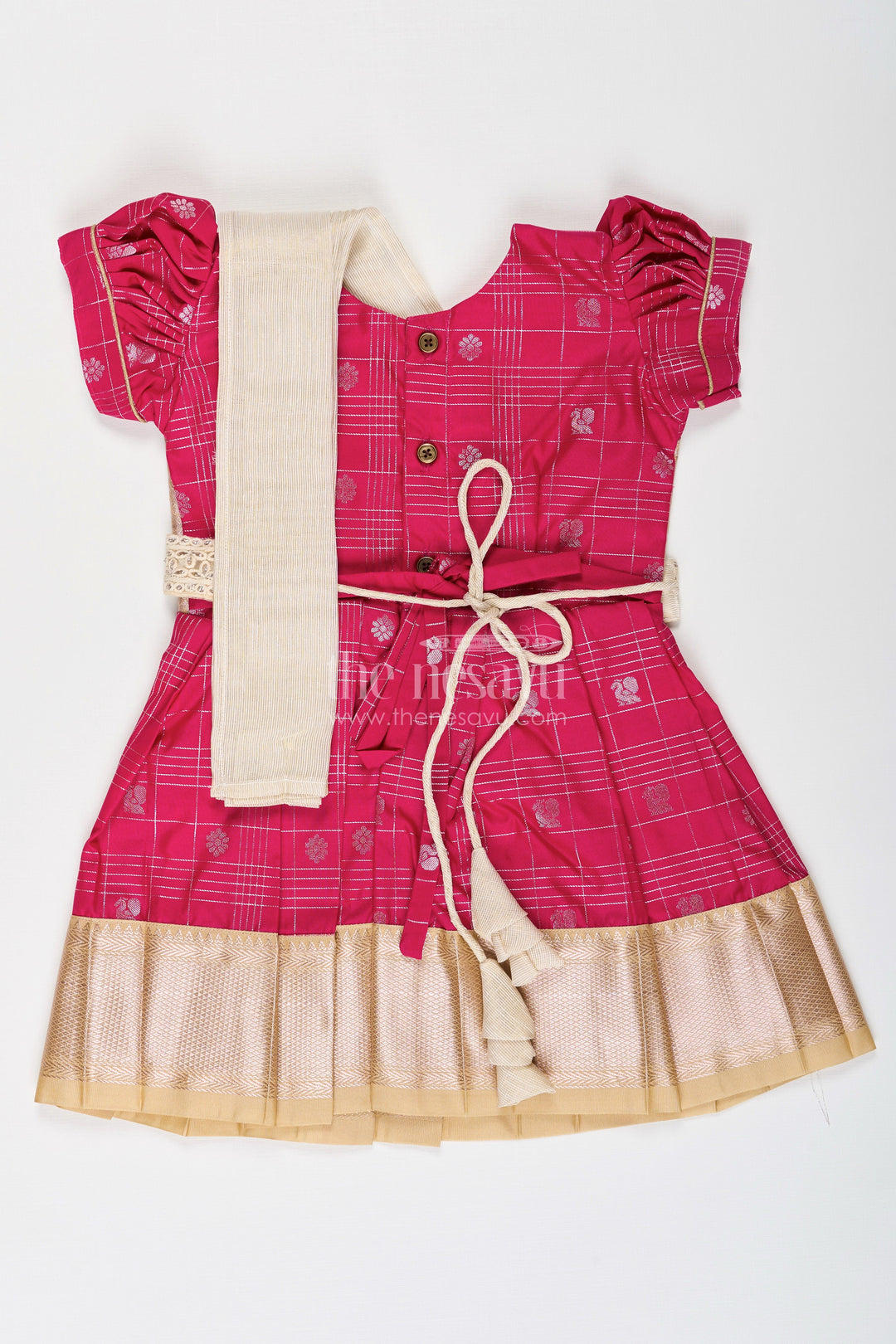 The Nesavu Girls Kanchi Silk Frock Girls Indian Frock in Semi Kanchivaram Silk with Thread Embroidery and Lace Embellished Dupatta Nesavu Nesavu Girls Indian Frock in Semi Kanchivaram Silk with Embroidery and Lace Embellished Dupatta