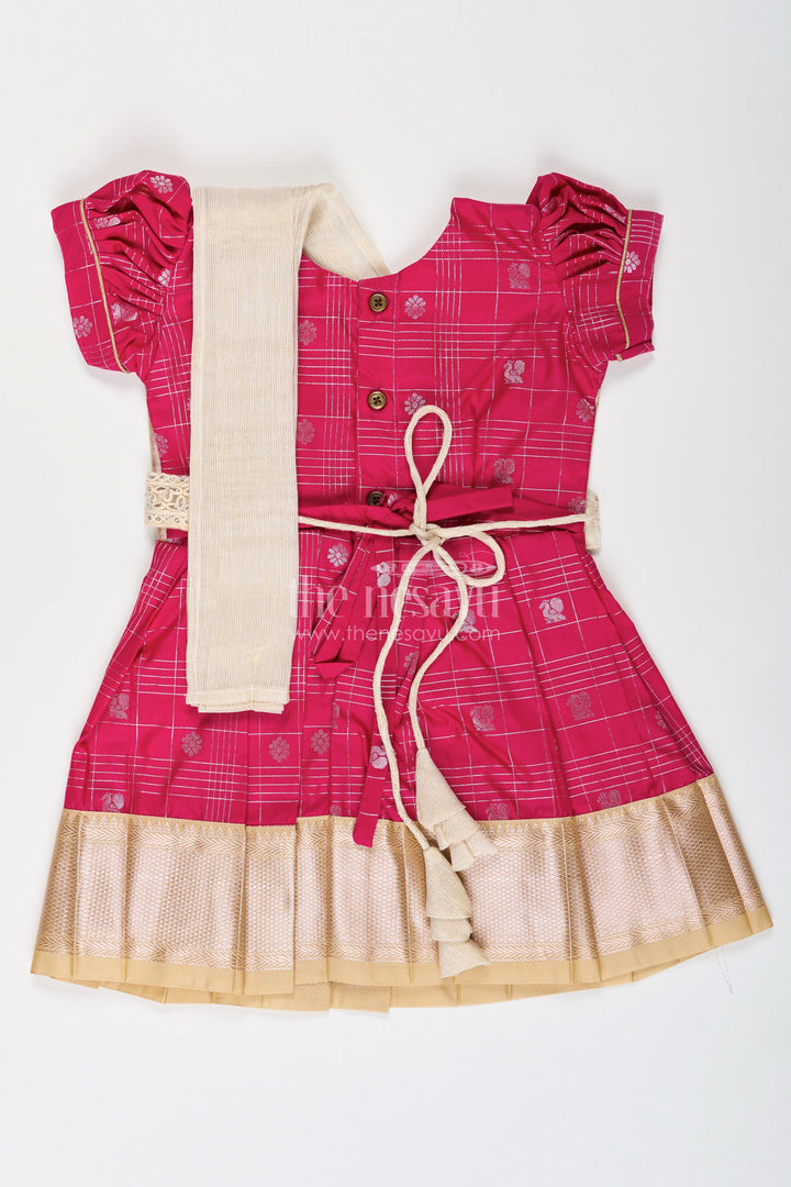 The Nesavu Girls Kanchi Silk Frock Girls Indian Frock in Semi Kanchivaram Silk with Thread Embroidery and Lace Embellished Dupatta Nesavu Nesavu Girls Indian Frock in Semi Kanchivaram Silk with Embroidery and Lace Embellished Dupatta