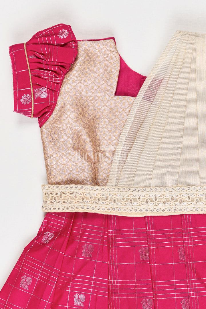 The Nesavu Girls Kanchi Silk Frock Girls Indian Frock in Semi Kanchivaram Silk with Thread Embroidery and Lace Embellished Dupatta Nesavu Nesavu Girls Indian Frock in Semi Kanchivaram Silk with Embroidery and Lace Embellished Dupatta