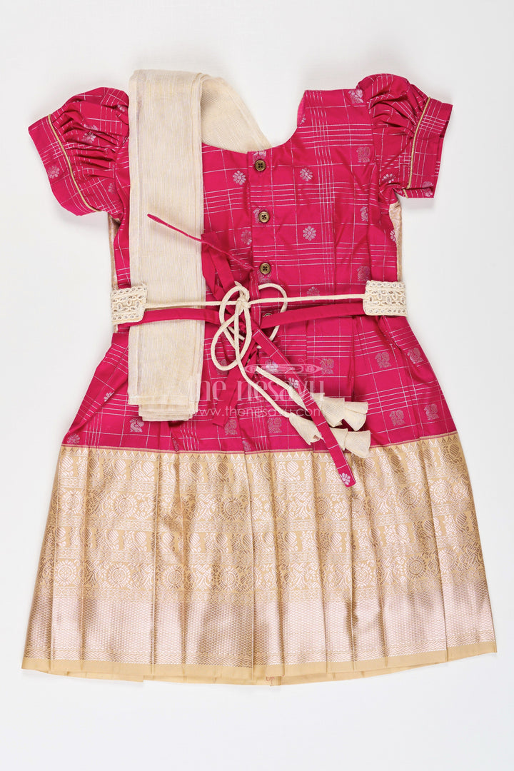 The Nesavu Girls Kanchi Silk Frock Girls Indian Frock in Semi Kanchivaram Silk with Thread Embroidery and Lace Embellished Dupatta Nesavu Nesavu Girls Indian Frock in Semi Kanchivaram Silk with Embroidery and Lace Embellished Dupatta