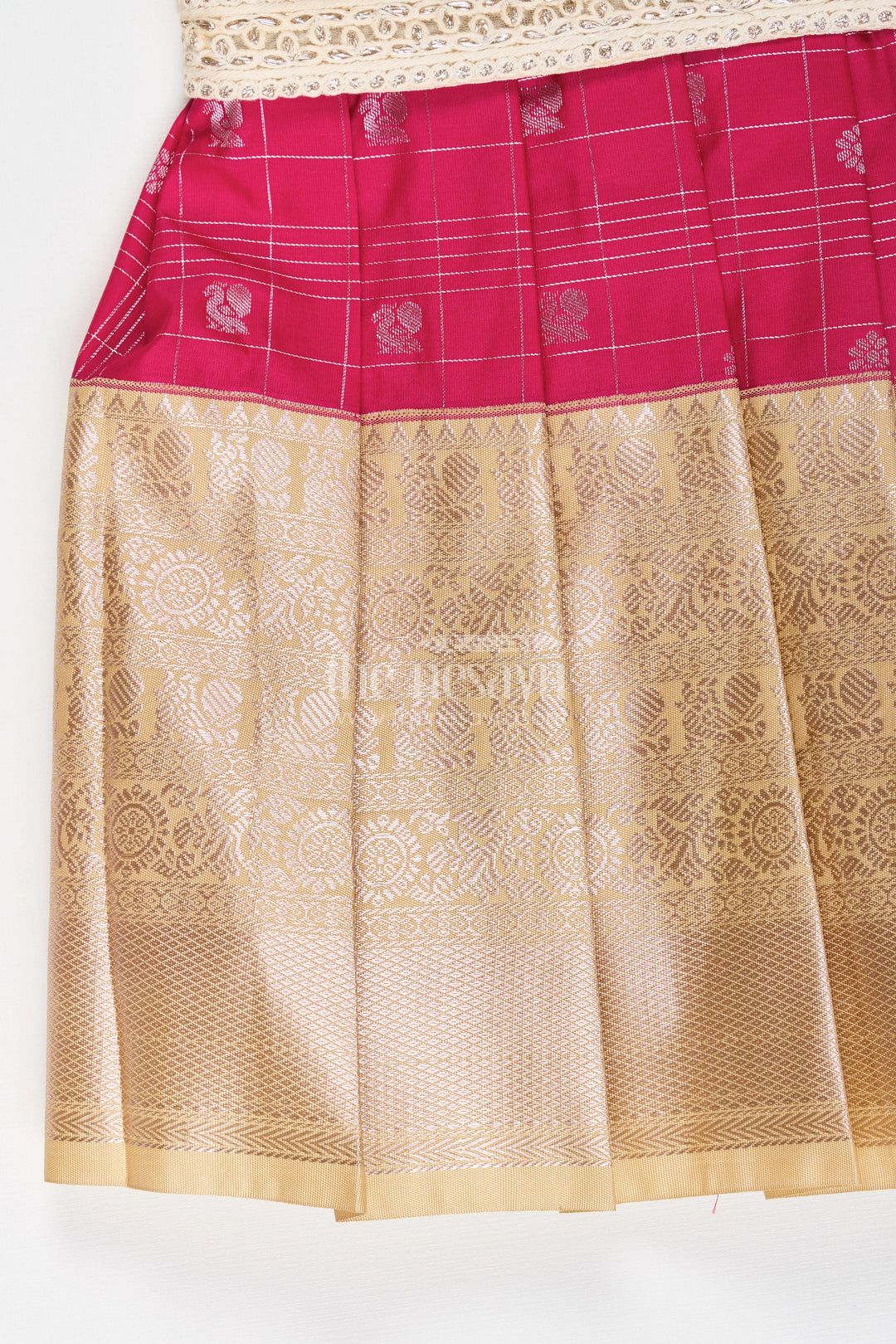 The Nesavu Girls Kanchi Silk Frock Girls Indian Frock in Semi Kanchivaram Silk with Thread Embroidery and Lace Embellished Dupatta Nesavu Nesavu Girls Indian Frock in Semi Kanchivaram Silk with Embroidery and Lace Embellished Dupatta